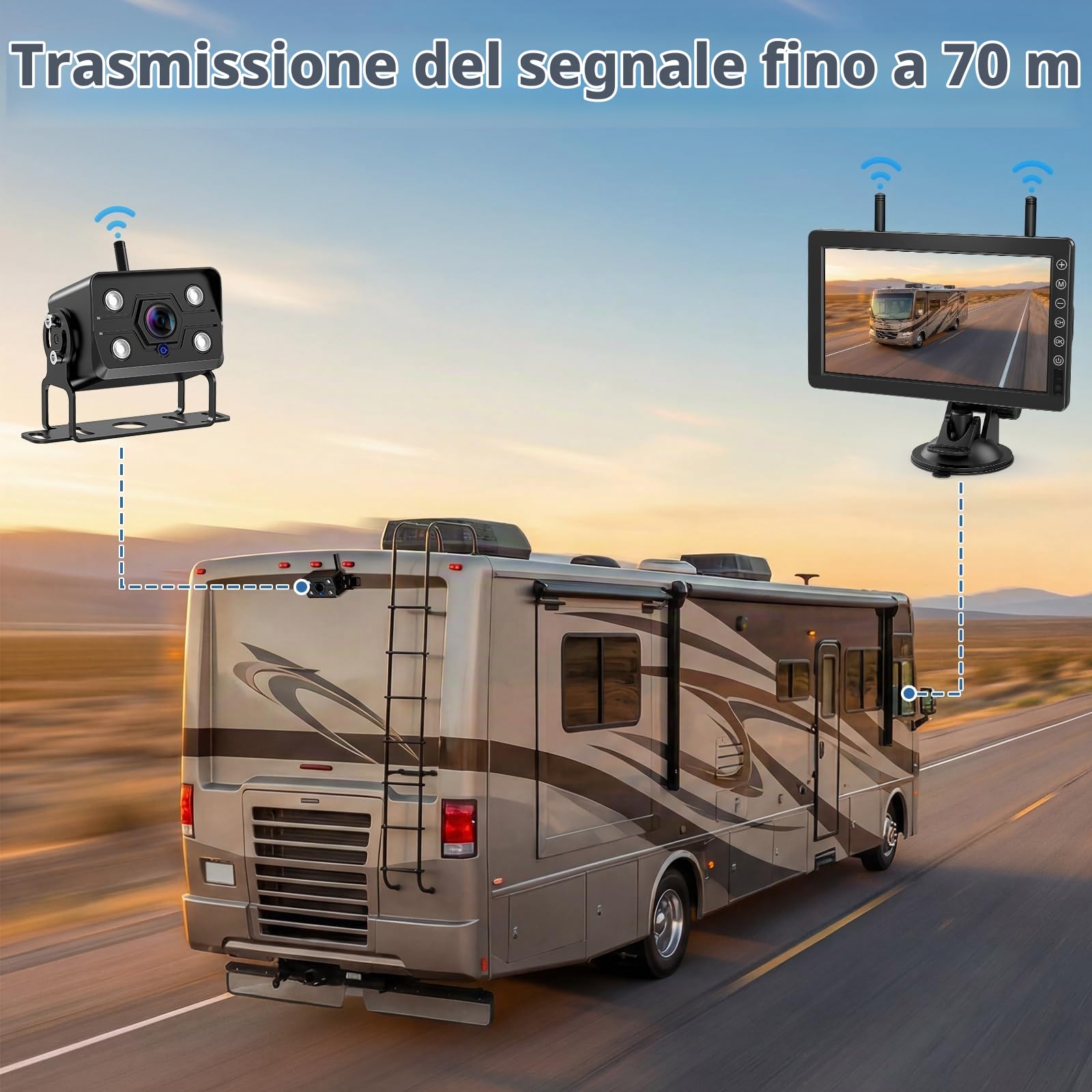 Telecamera Posteriore Senza Fili per Auto con Monitor da 7 Pollici, Visione Notturna 1080P, Impermeabile IP69, Segnali Digitali Stabili, Grandangolare 170° per Camper, Camion, Roulotte(VE-7B)