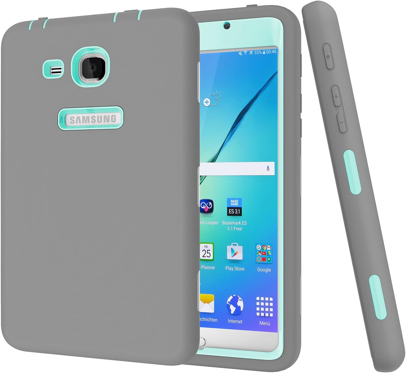 BAUBEY Case for Samsung Tab A6 7.0 2016 SM-T280 T285, Hybrid Heavy Duty Shockproof Impact Resist Hard Rubber Protective Case Cover for Samsung Galaxy Tab A6 7.0 2016 SM-T280 SM-T285 (Grey / Aqua)