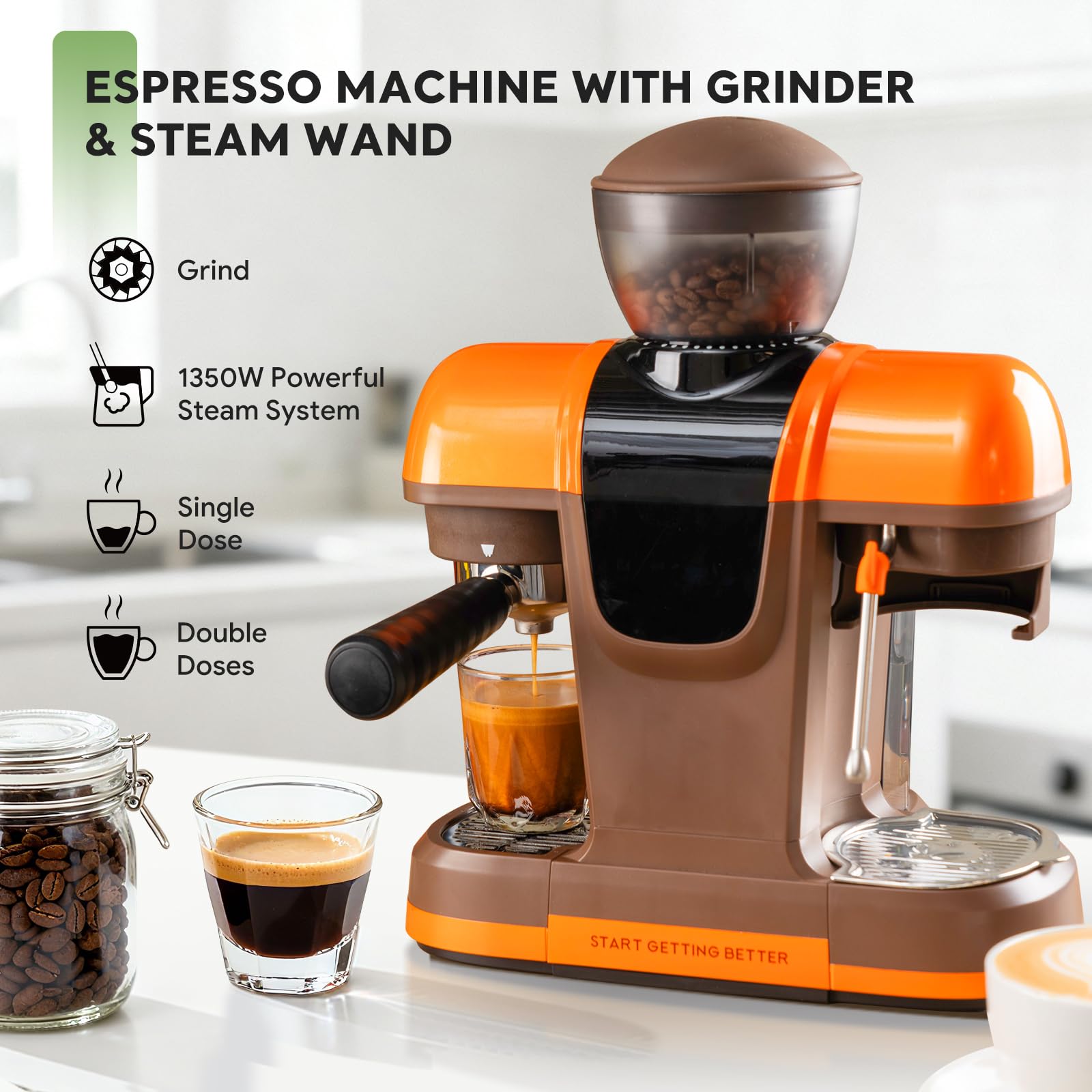 Cafetera expreso con molinillo, 20 bares, 20 grados de molienda, pantalla táctil, espumador de leche, recipiente de granos de 220 g, depósito de agua de 800 ml, filtro de café y café expreso