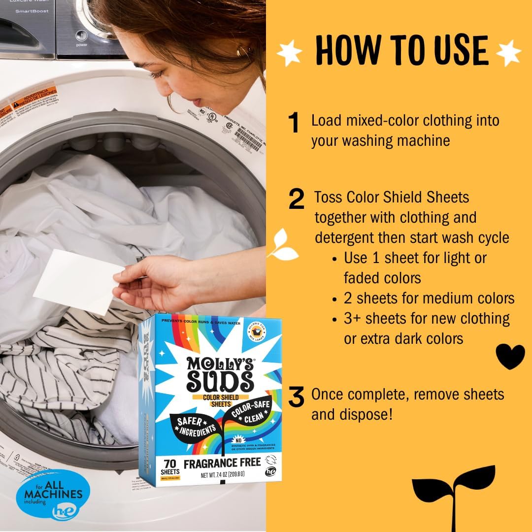 Molly’s Suds Color Shield Sheets for Laundry - Fragrance Free - Prevents Color Runs & Maintains Clothes Original Color - Made with Plant-Based Fibers - 70 Sheets