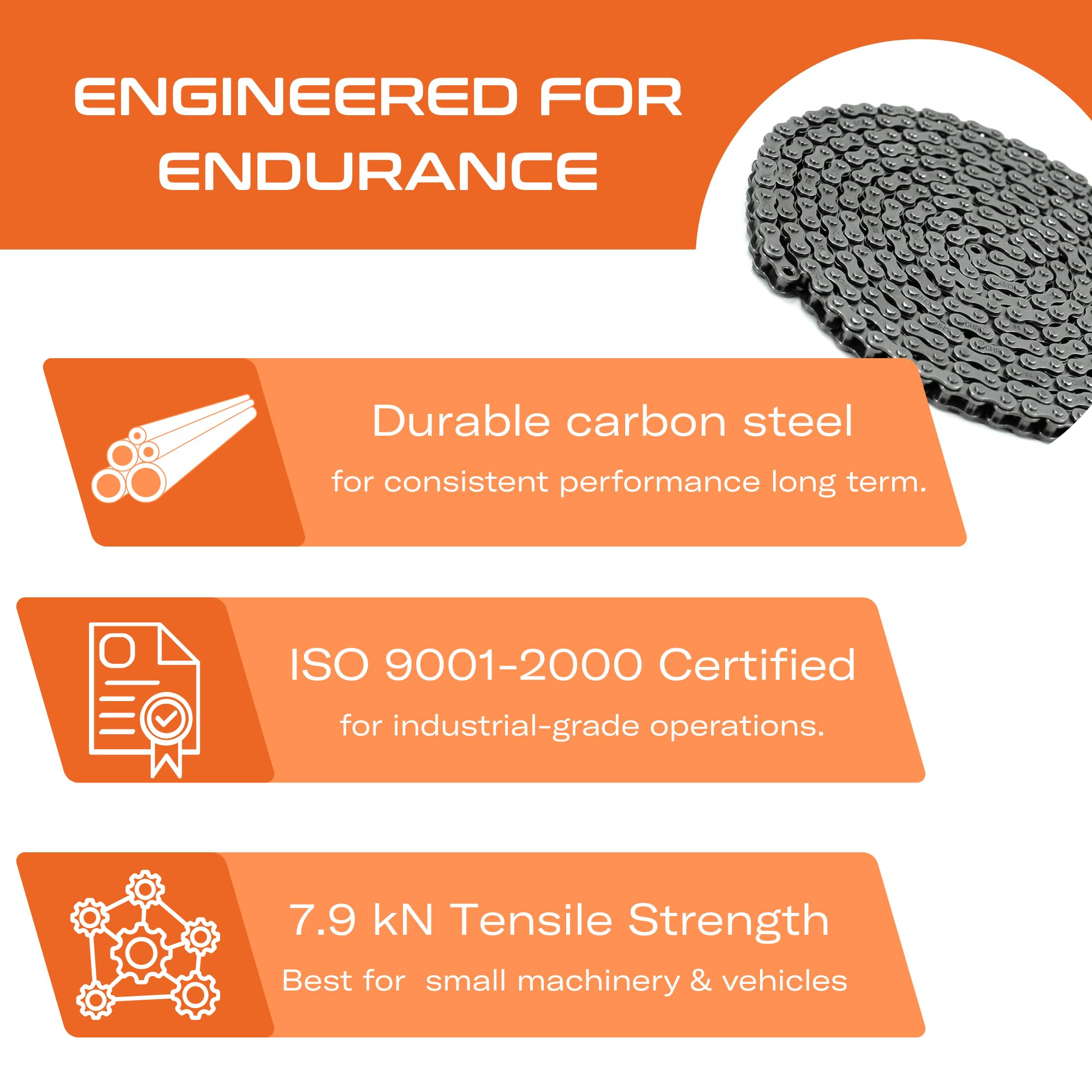 CHR #35 Roller Chain - 10FT | 319 Links + 2 Free Connecting Links | 3/8" Pitch Carbon Steel Chain | Industrial Chain for Bikes, Go-Karts, Bicycles & Machinery | ISO 9001-2000 Certified — Amazon image 2