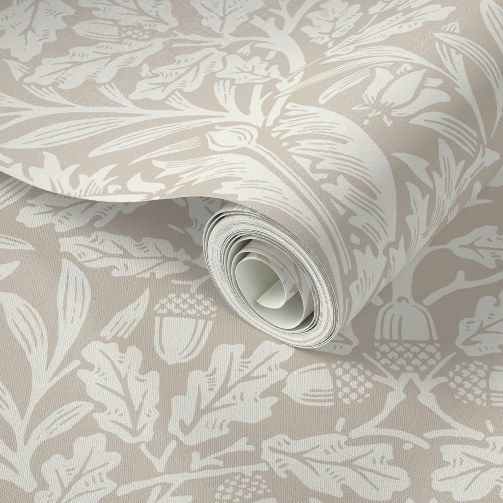 Peel & Stick Wallpaper 9ft x 2ft - Vintage Neutral,Damask,Ivory Art Nouveau,Acorn Willow,William Morris,Oak Tree,Arts and Crafts Custom Removable Wallpaper by Spoonflower