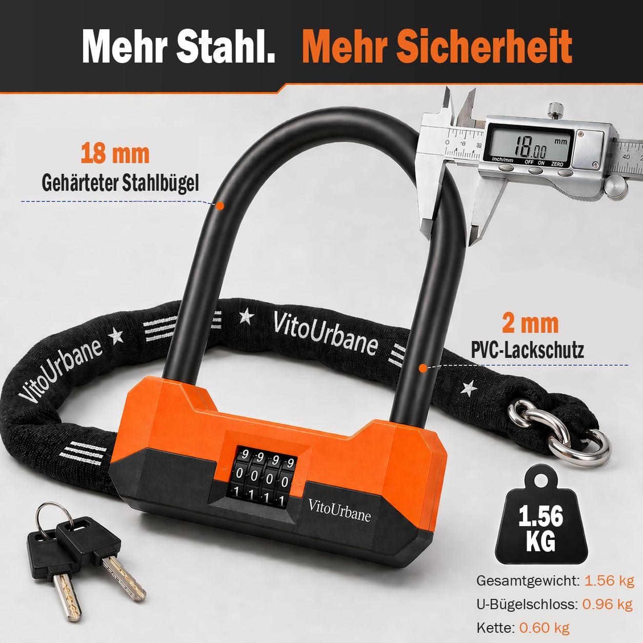 Fahrradschloss mit Zahlencode - 18 mm Fahrrad Bügelschloss und 120 cm Kette