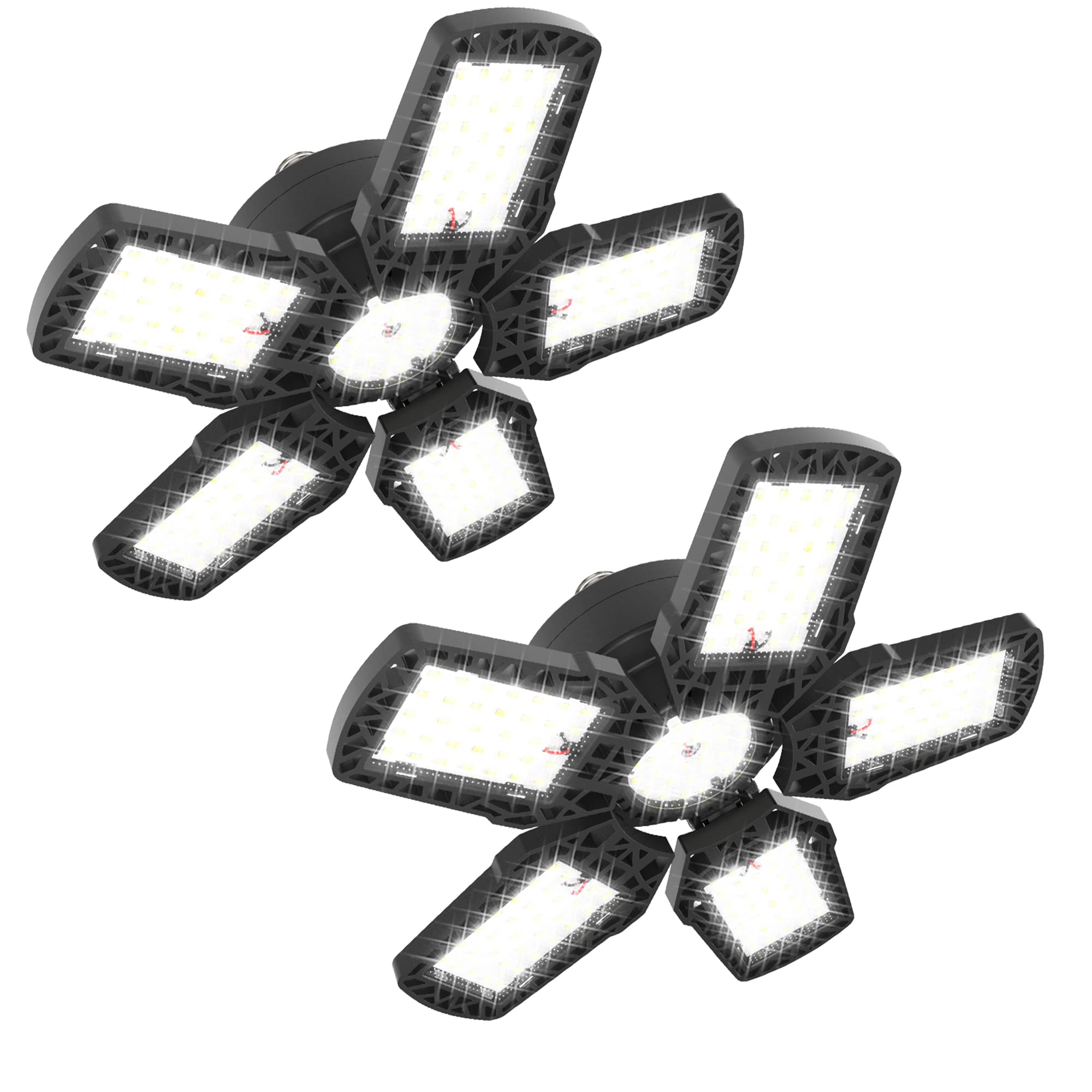 2 Pack LED Garage Lights, 150W 15000LM 6500k Deformable LED Screw in Garage Ceiling Light with 5+1 Adjustable Panels for Garage, Workshop, Basement, Shop, Warehouse, E26/27, Black