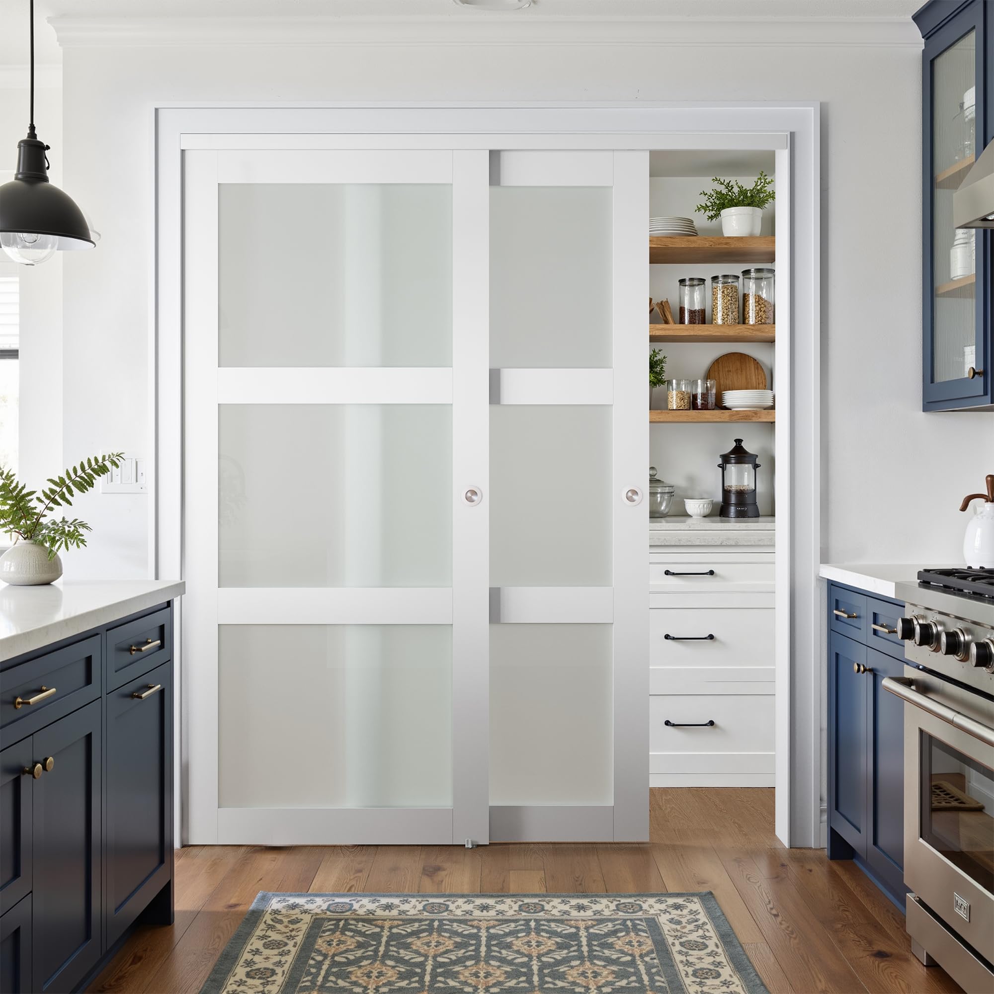 Photo 1 of ** DOOR FRAME AND TRACK ONLY. SELLING FOR PARTS AS PARTIAL SET. ONE BOX OF TWO.**COSHOMER Sliding Closet Door for 72" x 80" Opening, 3-Lite Frosted Glass MDF Barn Door with Hardware Kit Set, Door Panels Need to Assemble, White