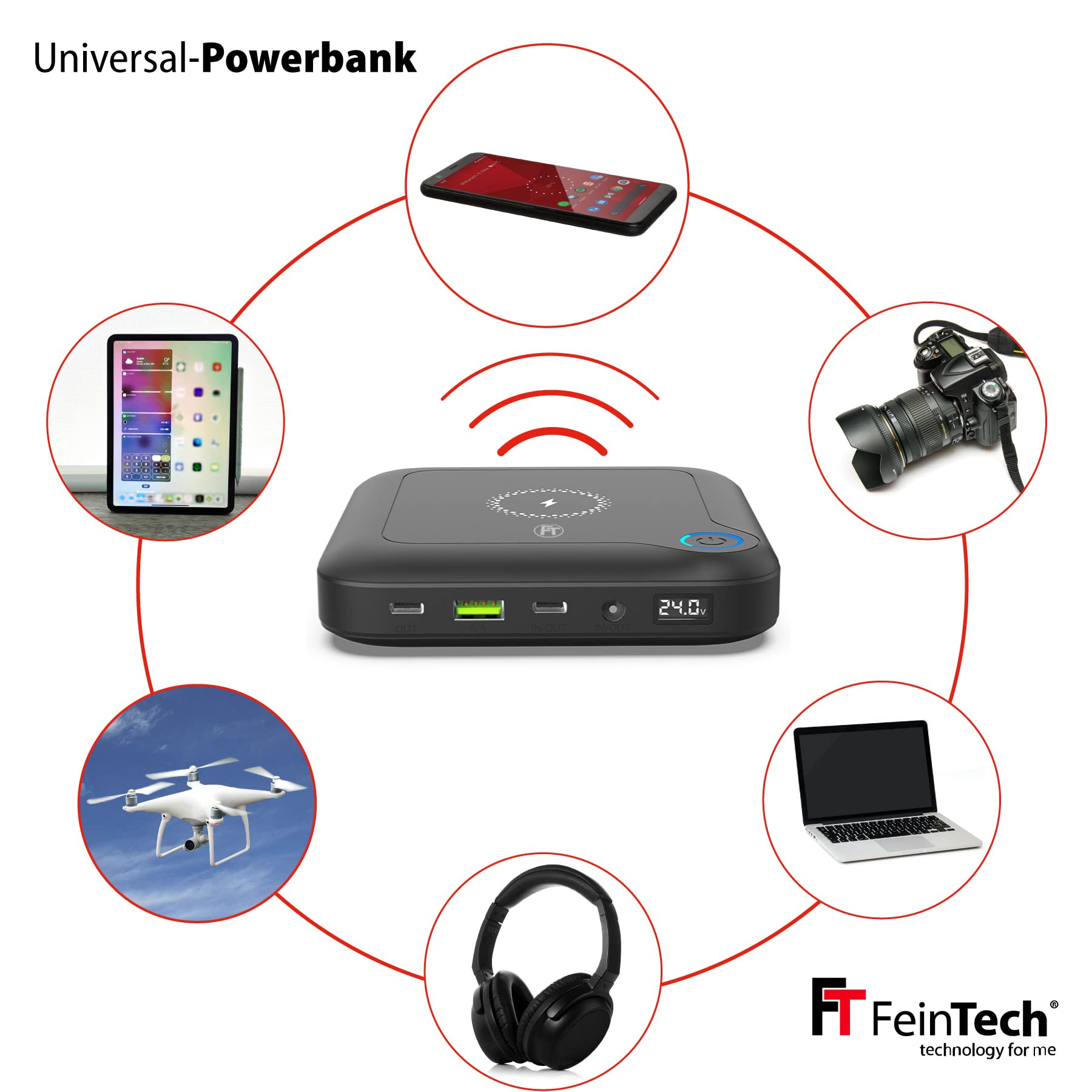 FeinTech PLG02400 - Powerbank 60 W PD USB-C e DC per notebook, MacBook, iPad, tablet, smartphone, fotocamera, Nintendo Switch, 10 W Wireless Charging, 88 Wh, 24000 mAh, 122 x 122 x 28 mm