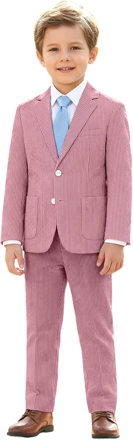 Boys Seersucker Suit 2 Piece Tuxedo for Boy Striped Blazer Pants Boys Summer Beach Wedding Suit