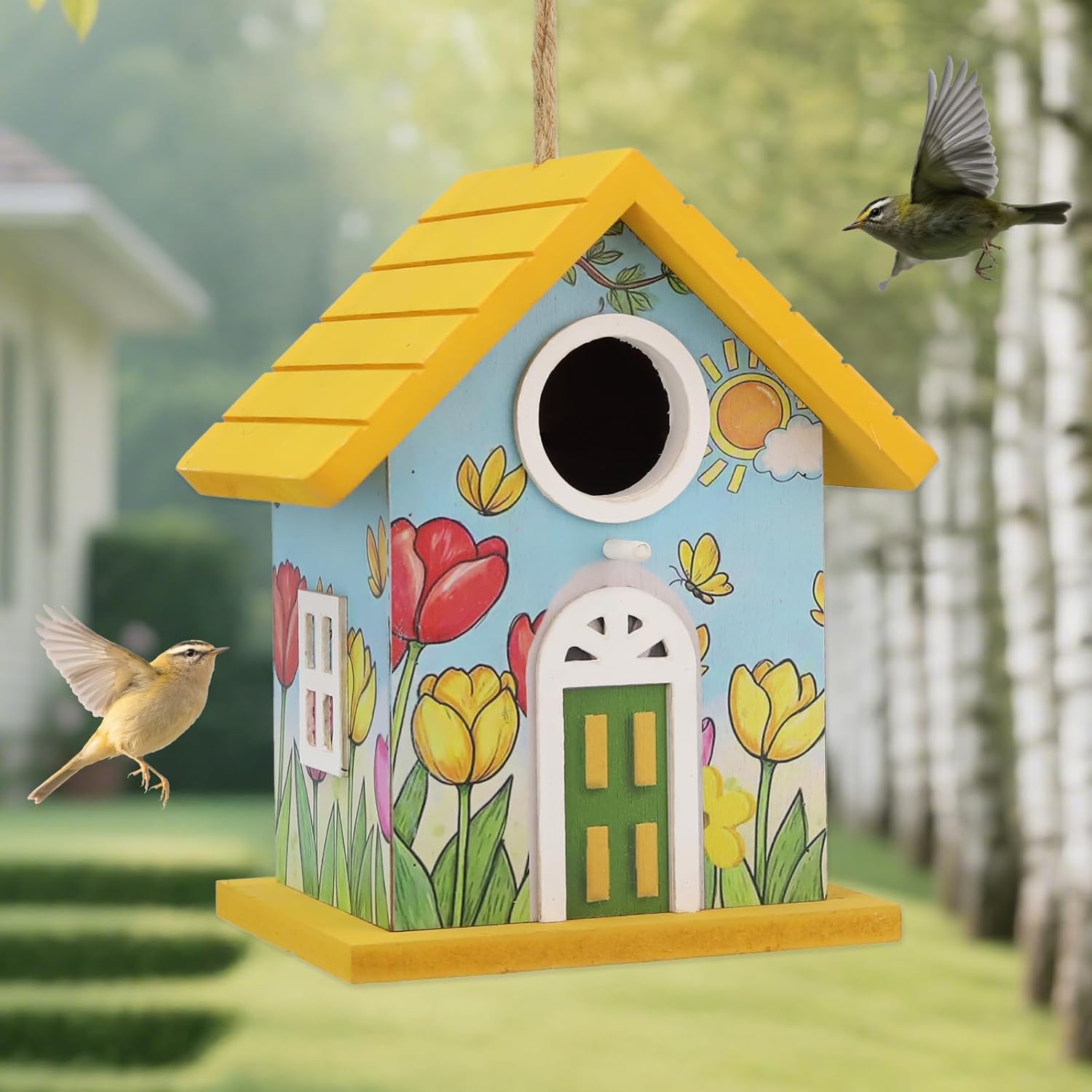 Wooden Bird Houses Bird House for Outside Yellow Wood Bird House for Outdoors,Handmade Painted Tulips Bird Houses for Garden Blue Bird Hummingbird Wren Cardinal Swallow Sparrow Finch Chickadee - Image 9