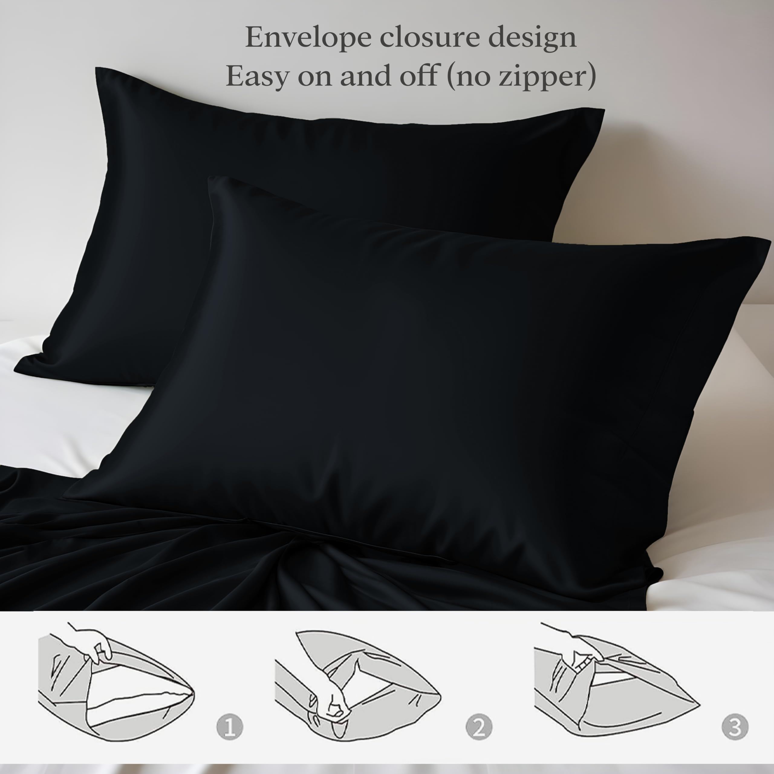 LINENWALAS 100% Bamboo Pillow Case 2 Pack 50x75cm Size, Soft and Cooling Black Silk Pillow Case, Hypoallergenic - Image 2