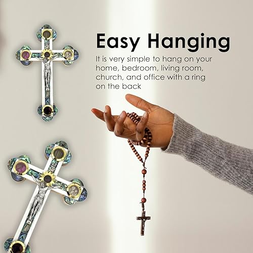 Miniatura 4 de Olive Wood Catholic Wall Hanging Crucifix Covered with Mother of Pearl, Decorative Wooden Wall Cross with Relics from the Holy Land, Cross Gift for