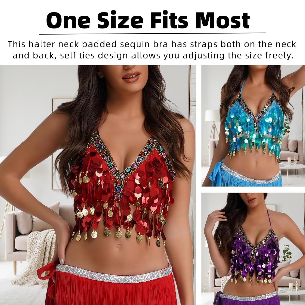 Sujetador con lentejuelas para danza del vientre, top corto brillante cuello halter flecos