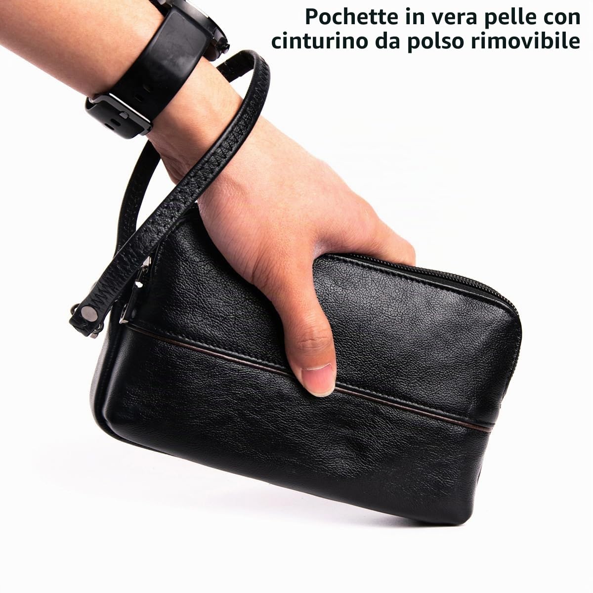 Uomo Pochette Custodia a Fondina da Cintura in Vera Pelle con Cinturino da Polso e Passante per Cintura, Piccolo Borsa Casual Portafoglio per Telefono, Marsupio Multifunzionale per Viaggio Black
