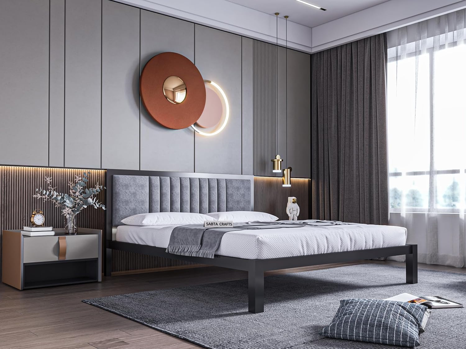 craft modern upholstered king size bed for bedroom | metal double bed | platform cot bed with upholstery premium fabric | 6.5 x 6 ft | powder coated metal bed | grey