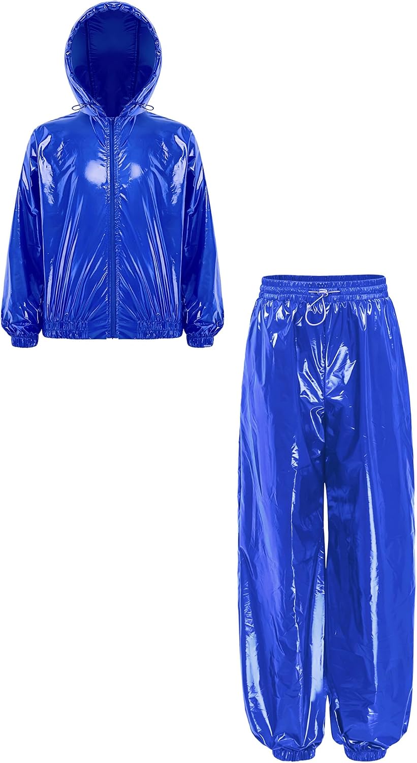 TiaoBug Boys Metallic Rain Jacket Pants with Hoodie Set