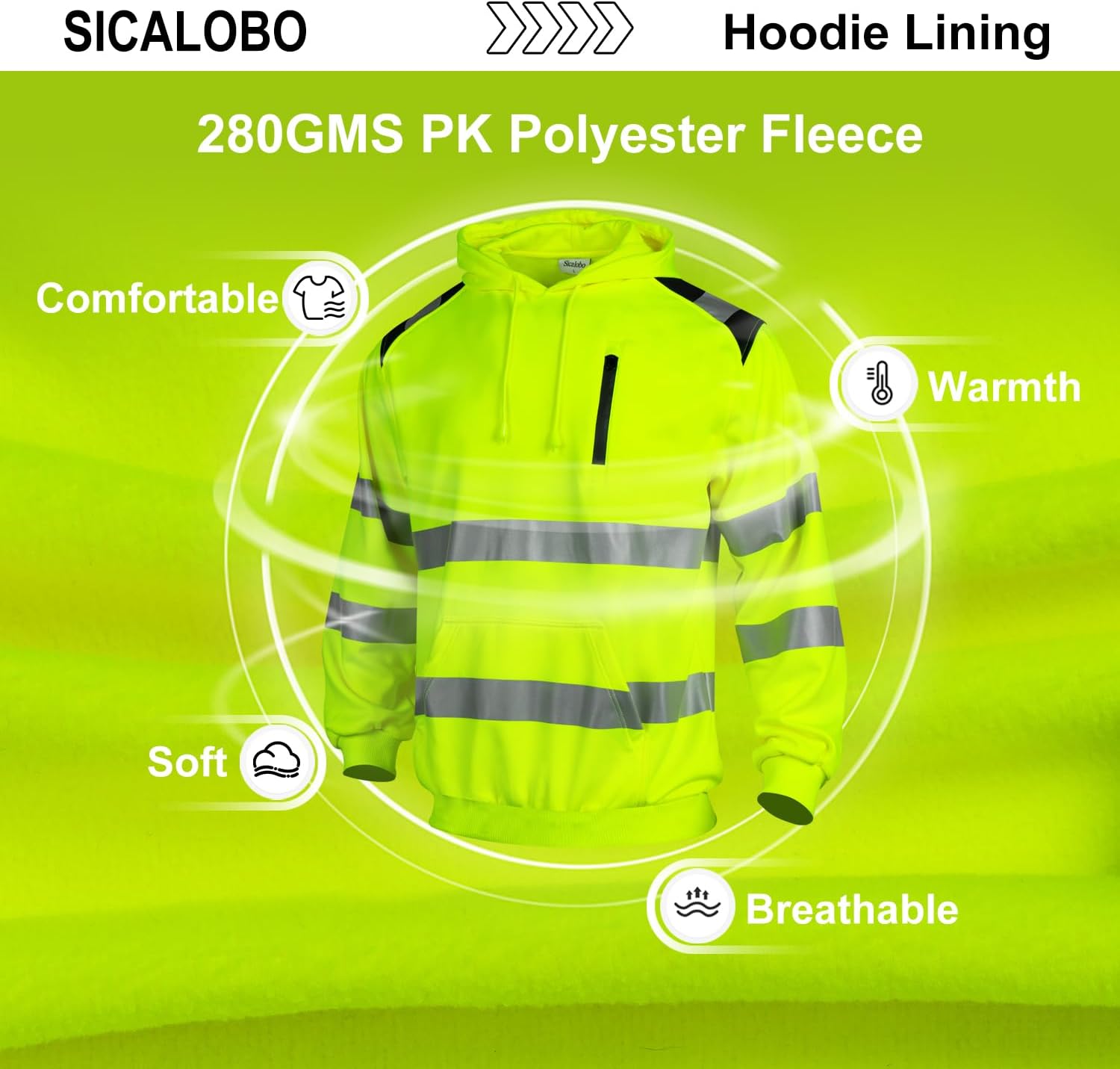 Men's High Visibility Safety Hoodie,ANSI Class 3 Reflective Work Pullover,Hi Vis Construction Hooded Jumper - Image 4