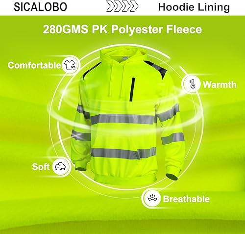 Miniatura 10 de Sicalobo Men's High Visibility Safety Hoodie,ANSI Class 3 Reflective Work Pullover,Hi Vis Construction Hooded Jumper