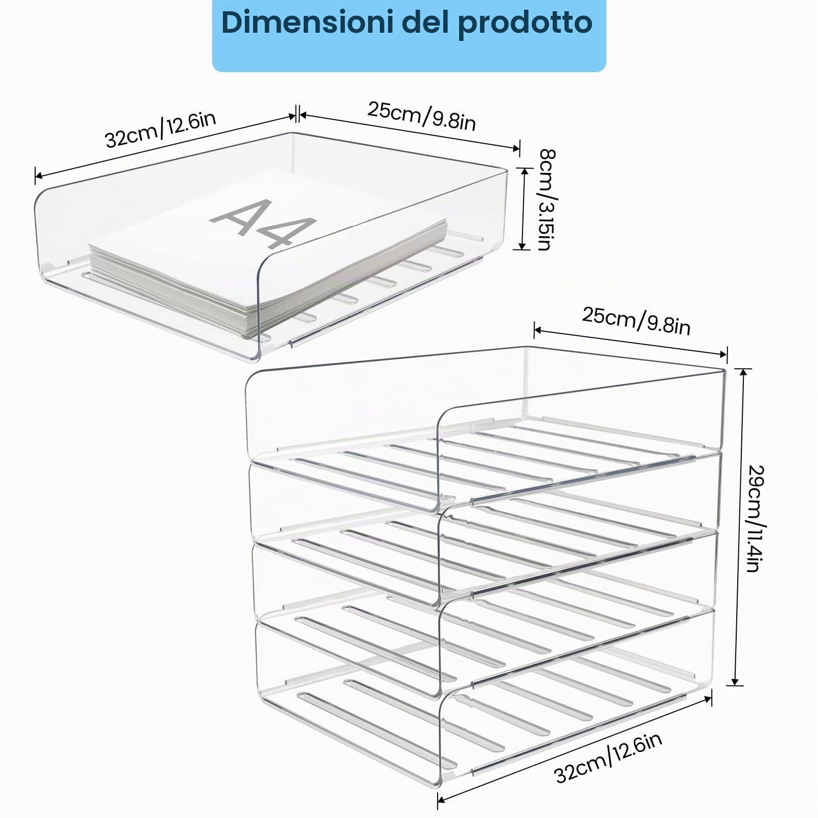 4 Pezzi Organizer Scrivania Ufficio Impilabile, Portadocumenti da Scrivania Trasparent in PET, Porta Fogli A4 da Scrivania, Organizzatore Scrivania per Documenti Libri Rivista