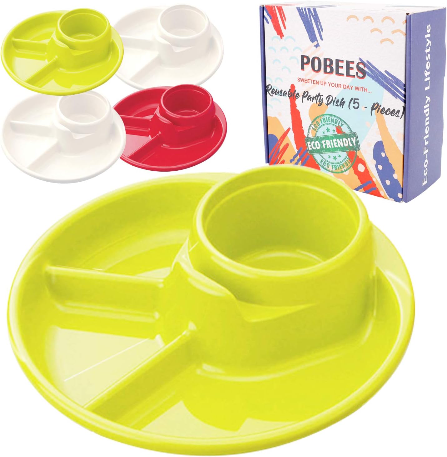 Reusable Party BBQ Plastic Plates – 2019 Zero Waste Divided Plates,BPA Free,Dishwasher,Unbreakable, Non-Toxin for Camping Outdoor Kids Adults, 5 Plates and 2 Mesh Produce Bags (2 Green 2 White 1 Red)