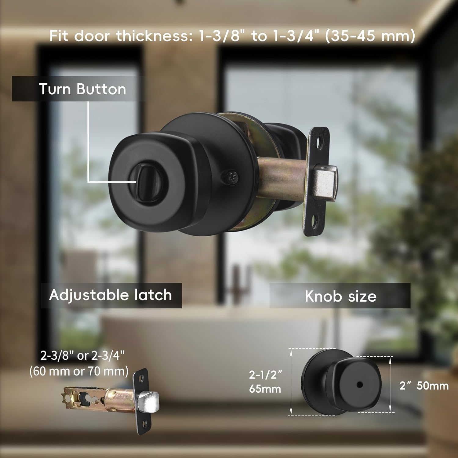 2 Pack Black Door Knobs with Lock, Interior Door Knobs for Bath & Bedroom, Privacy Square Doorknob