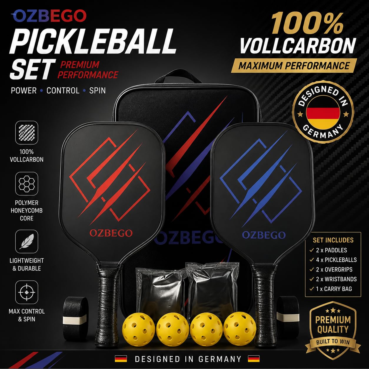 Pickleball Schläger Set 2er aus Carbon – inkl. 4 Bälle, Tasche & Overgrips – Leicht, rutschfest – Für Anfänger & Fortgeschrittene – OZBEGO