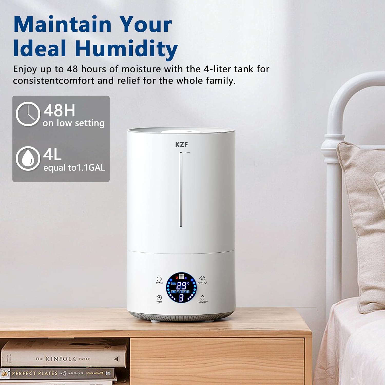 4L Humidifier for Large Room Bedroom, KZF Ultrasonic Cool Mist Humidifier with Humidistat, 360°Nozzle, Last 36 Hours Suitable for Baby Home Indoor Living Room Plant（25030601）