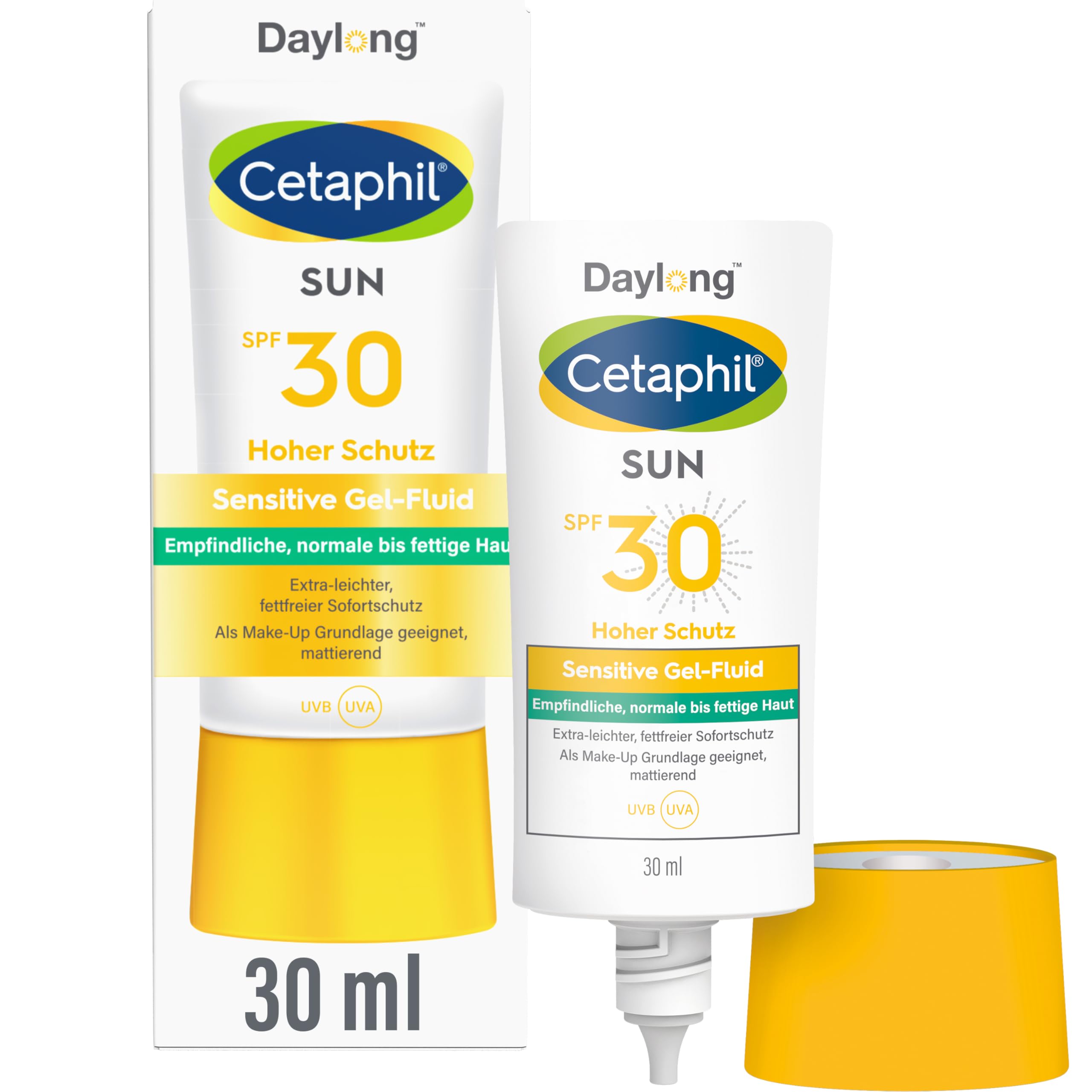 CETAPHIL SUN Sensitive Gel-Fluid SPF 30, 30ml, Sonnenschutz für empfindliche bis fettige, zu Sonnenallergie neigende Haut, Hochwirksame Sonnencreme für das Gesicht, Frei von Parfüm und Emulgatoren