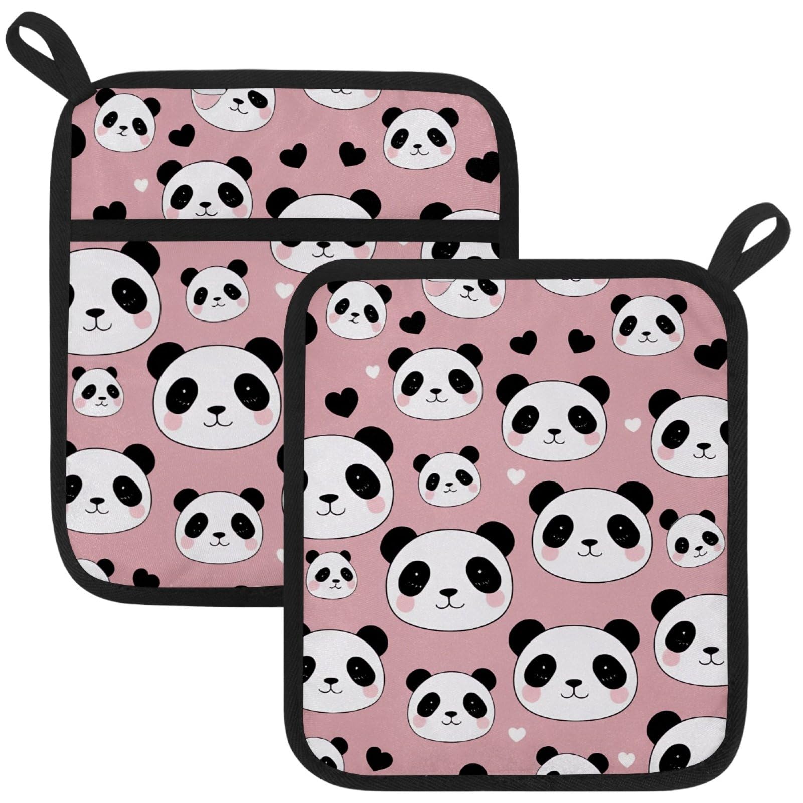 VAPOKF Pink Panda Head Pot Holders with Pocket for Kitchen Heat Resistant Potholders Large Polyester-Cotton Square Oven Mitts Set