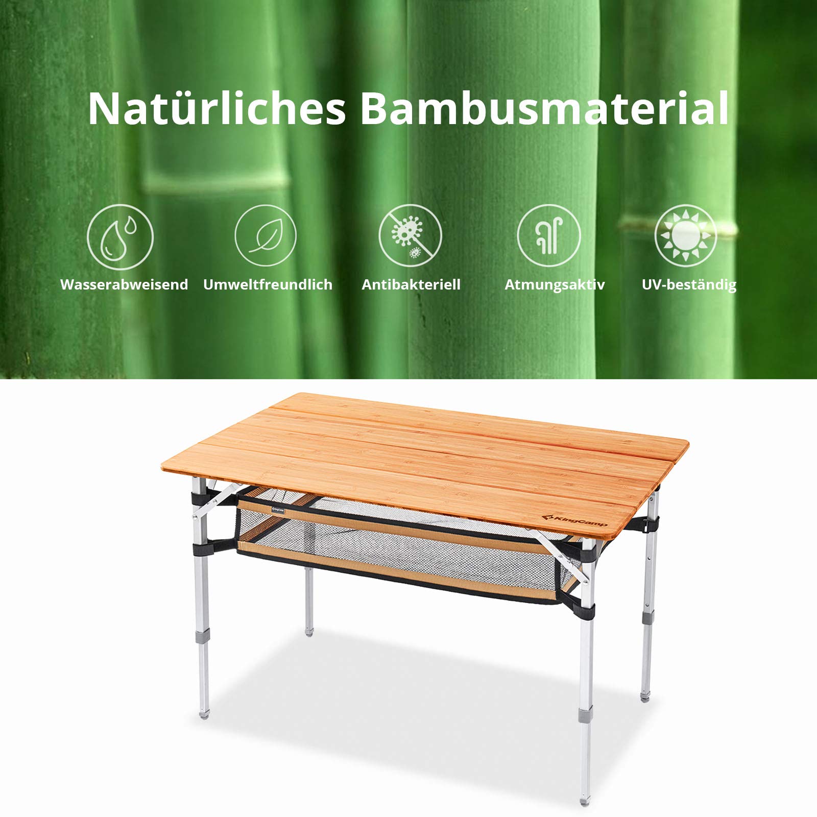 KingCamp Bambus Falt Tisch Camping Klapptisch Garten Alu Holz 3Höhen Verstellbar