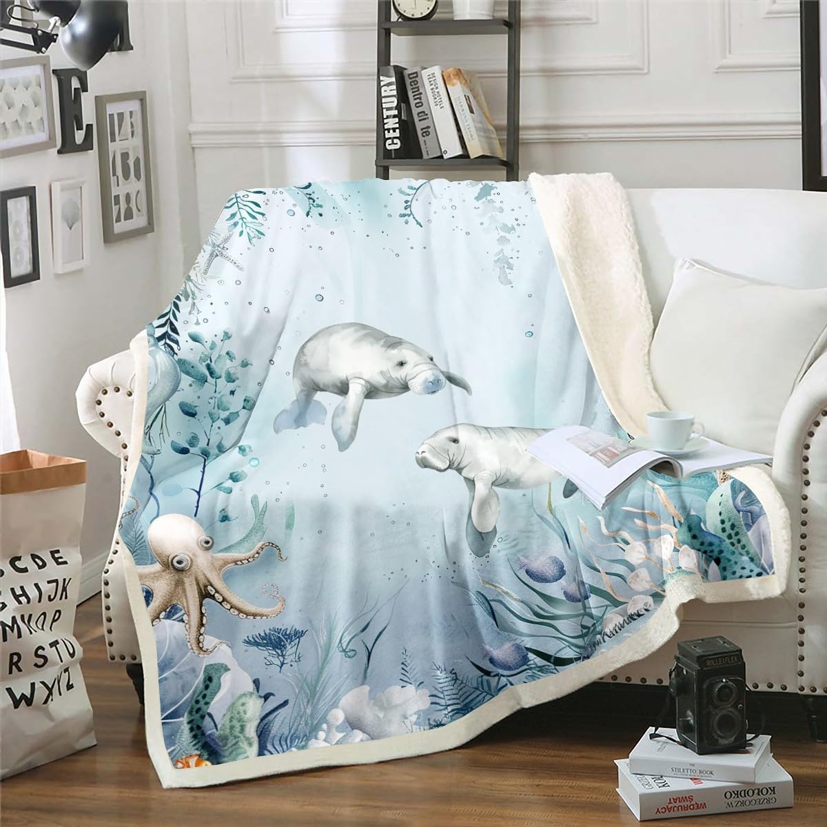 Manatee Blanket Teal Blue Ocean Beach Coastal Throw Blanket 50"x60",Starfish Octopus Tentacles Fleece Blanket Underwater Creature Coral Bed Blanket,
