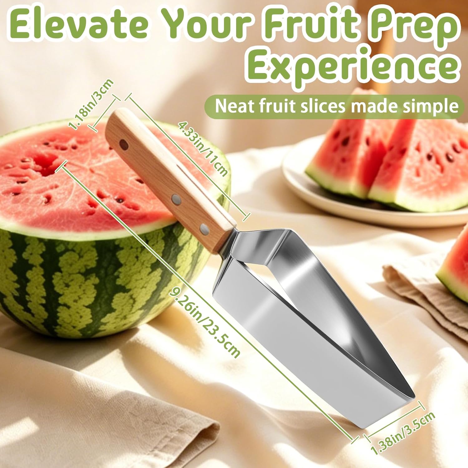 Triangle Watermelon Cutter, Stainless Steel Watermelon Slicer with Wooden Handle, Fruit Cutter Slicer for Watermelon, Cantaloupe, Honeydew, Apples and More, Portable Kitchen Fruit Cutting Tool
