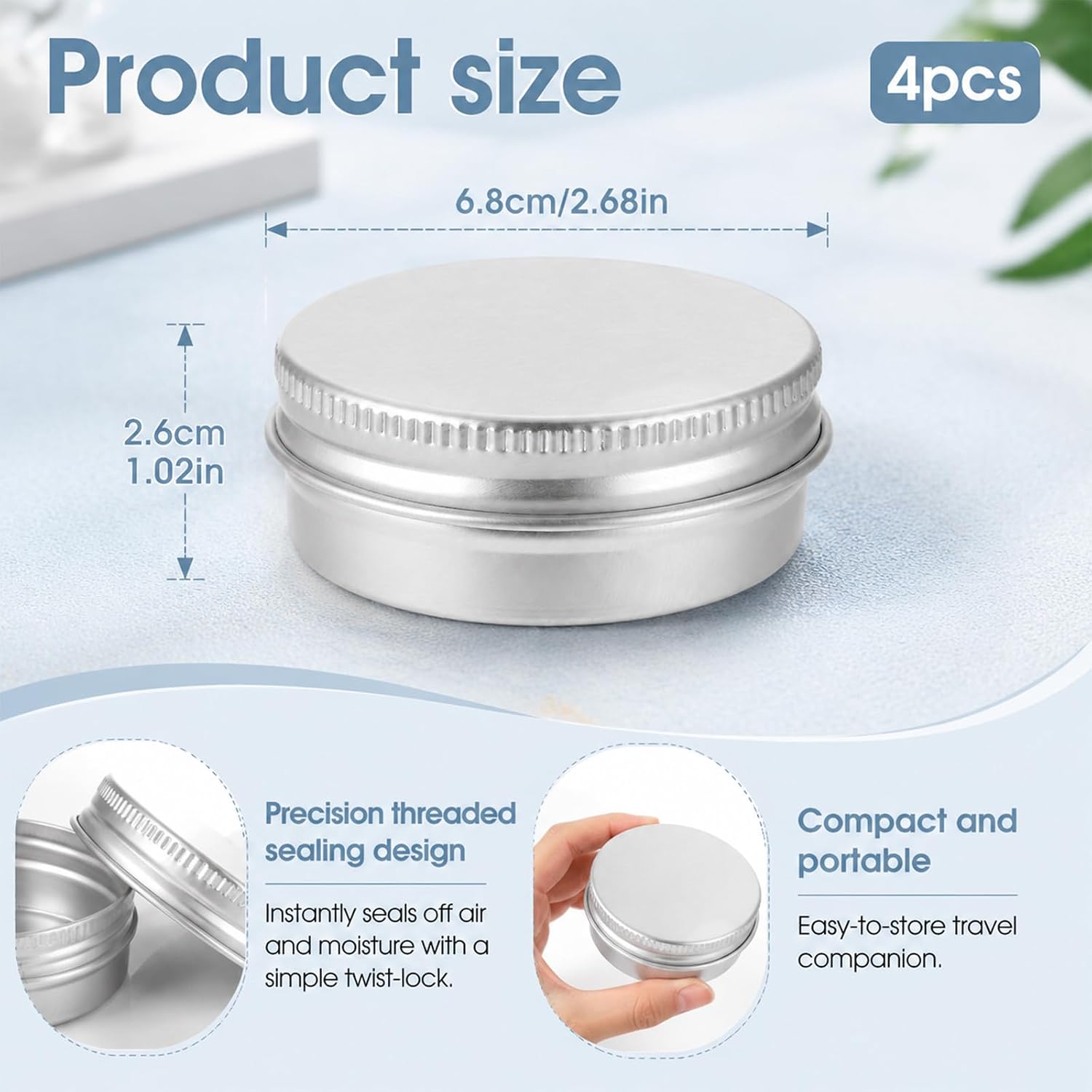 4 Pack Round Aluminum Salve Tins with Lids, 2 Ounce Empty Small Metal Tin with Screw Lids Refillable Jar Containers for Lotion Bars Salve Balms Spices Sample Creams Makeup Cosmetic