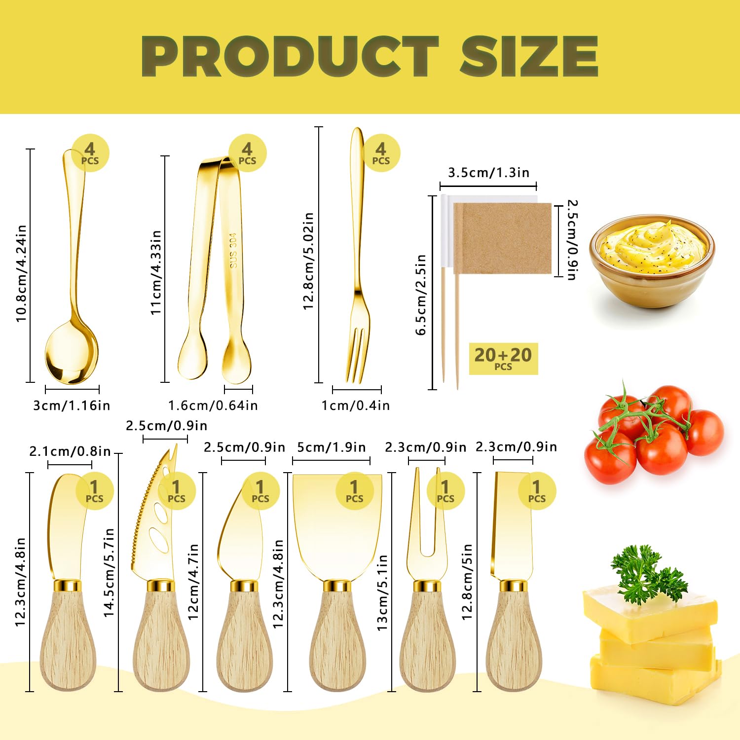 Accesorios para tablas de charcutería, utensilios de charcutería dorados, juego de cuchillos esparcidores de mantequilla de queso con asas de madera, pinzas pequeñas para servir, mini tenedores y