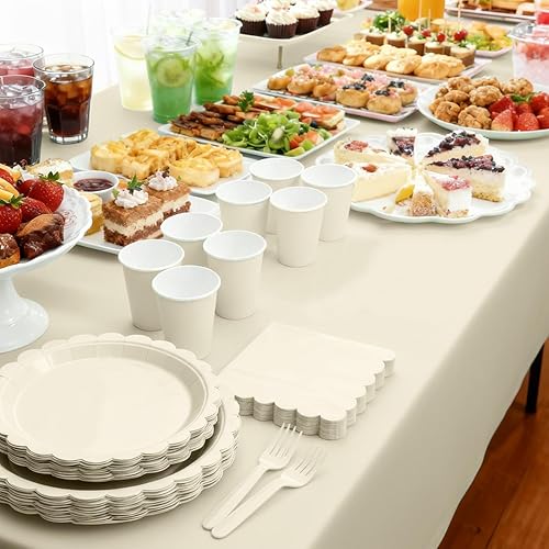 Miniatura 7 de 176 platos y servilletas color marfil, platos festoneados beige, servilletas, vasos, cubiertos, mantel para baby shower, boda, decoración de fiesta