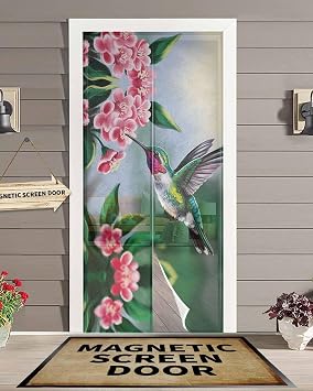 Screen Door 38"x83" Spring Hummingbird Red Flowers Morning Door Screen Magnetic Closure, Sunshine Summer Birds Hands Free Magnetic Screen Door for Single/Sliding/Front Door