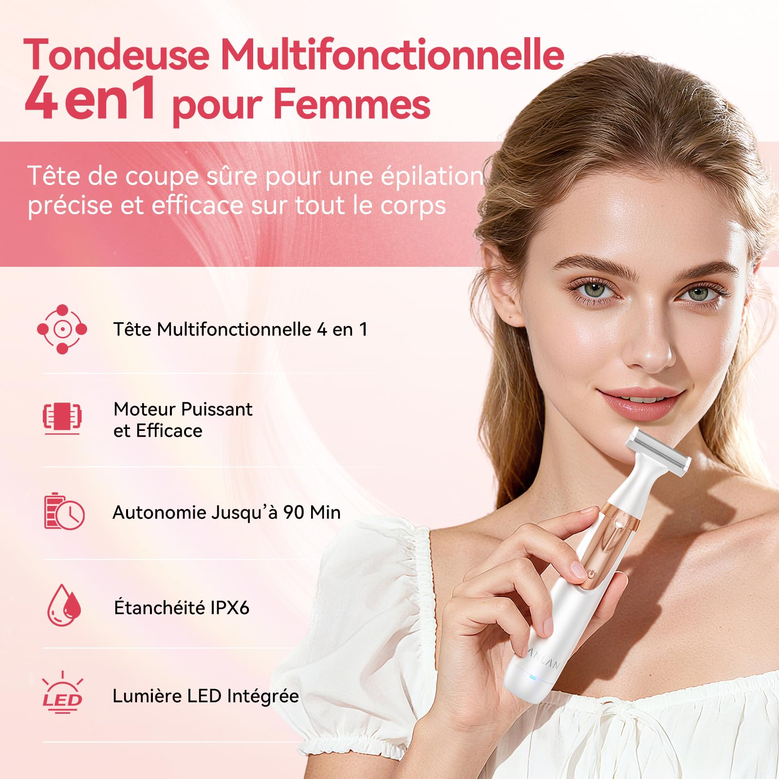 ANLAN Rasoir Electrique Femme 4 en 1, Epilateur Électrique Maillot/Visage, Tondeuse Intime Femme Sec et Humide, 4 Peines Rasoir Intime pour Bras Aisselles Jambes, éclairage LED, IPX6 Étanche