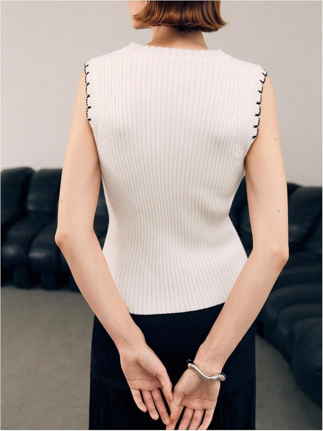 SHENHE Women's Sleeveless Sweater Vest Crew Neck Slim Fit Ribbed Knit Sweater Tank Pullover - Image 2