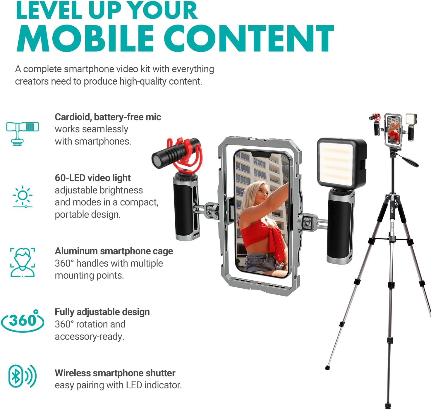 Movo iFilmer-PRO Smartphone Video Rig Kit – Stabilizer Cage with Dual Grips, VXR10 Shotgun Microphone, LED Light, & Tripod for iPhone/Android
