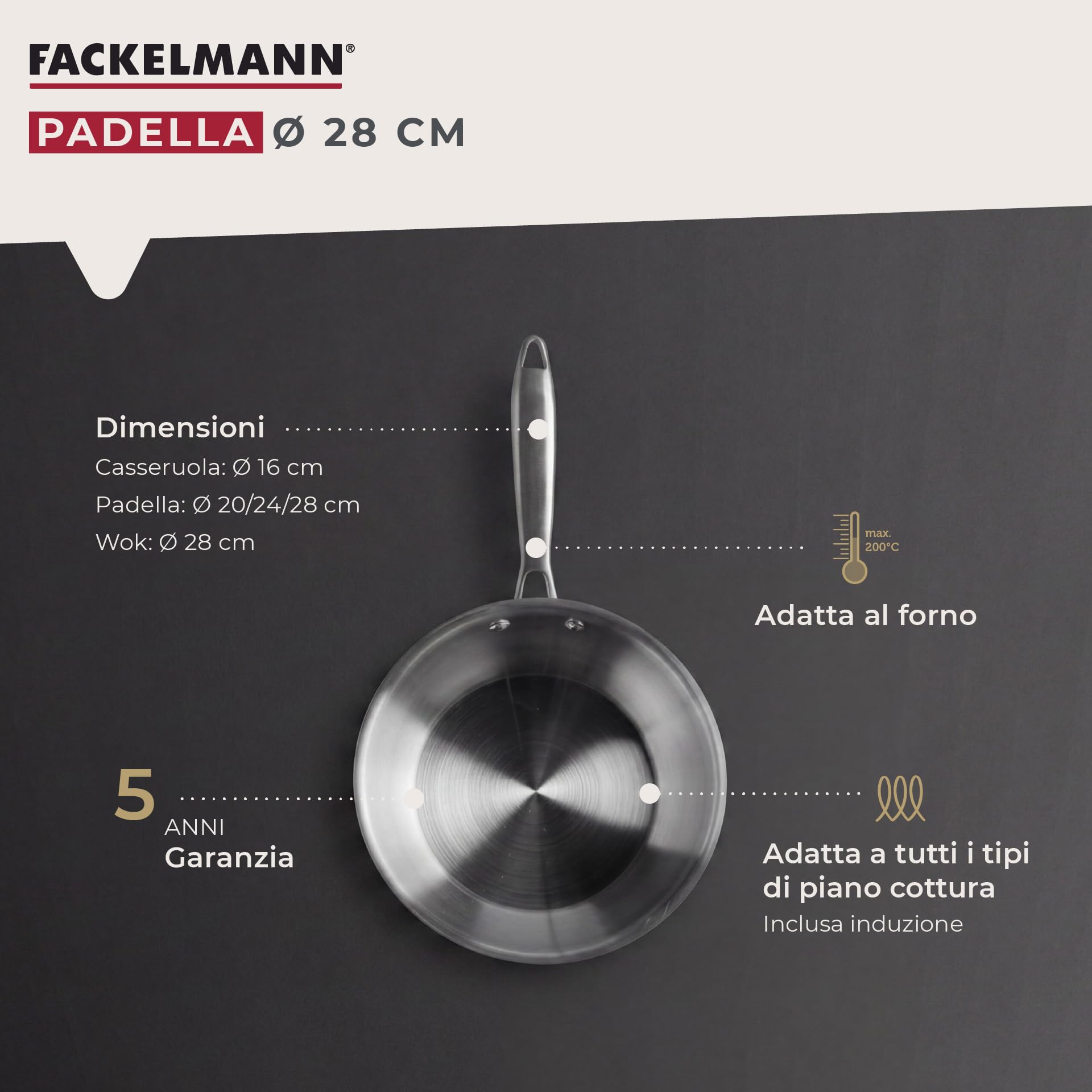 Fackelmann Vita3 - Padella in acciaio inox, 28 cm, triplo fondo diffusore, senza antiaderente, senza PFA, adatta per induzione, gas, vetro e forno, tenuta perfetta, lavabile in lavastoviglie