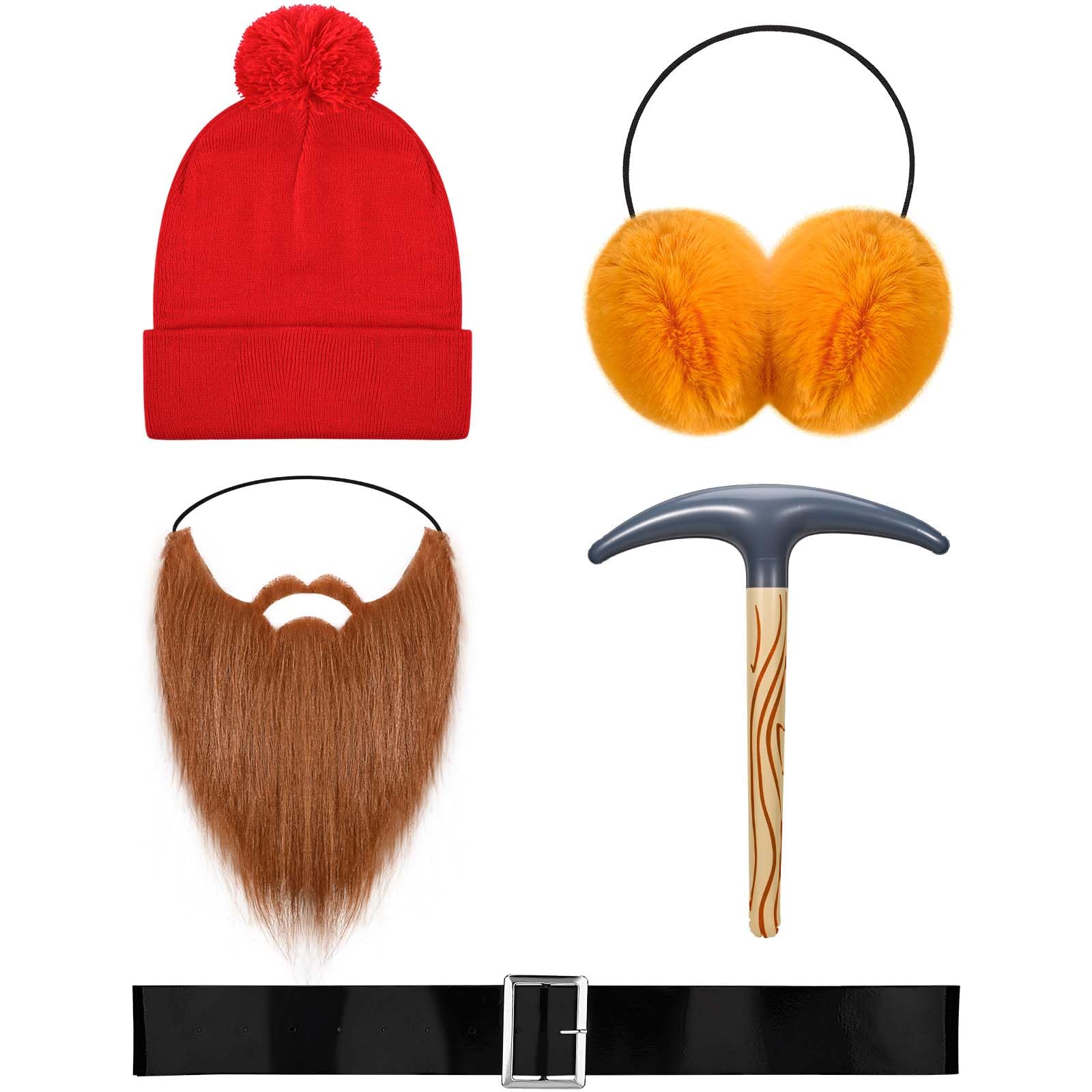 5 Pcs Prospector Costume for Men Set with Beanie Hat Ear Muffs Headband Beard Mustache Set for Halloween Cosplay Dress Up