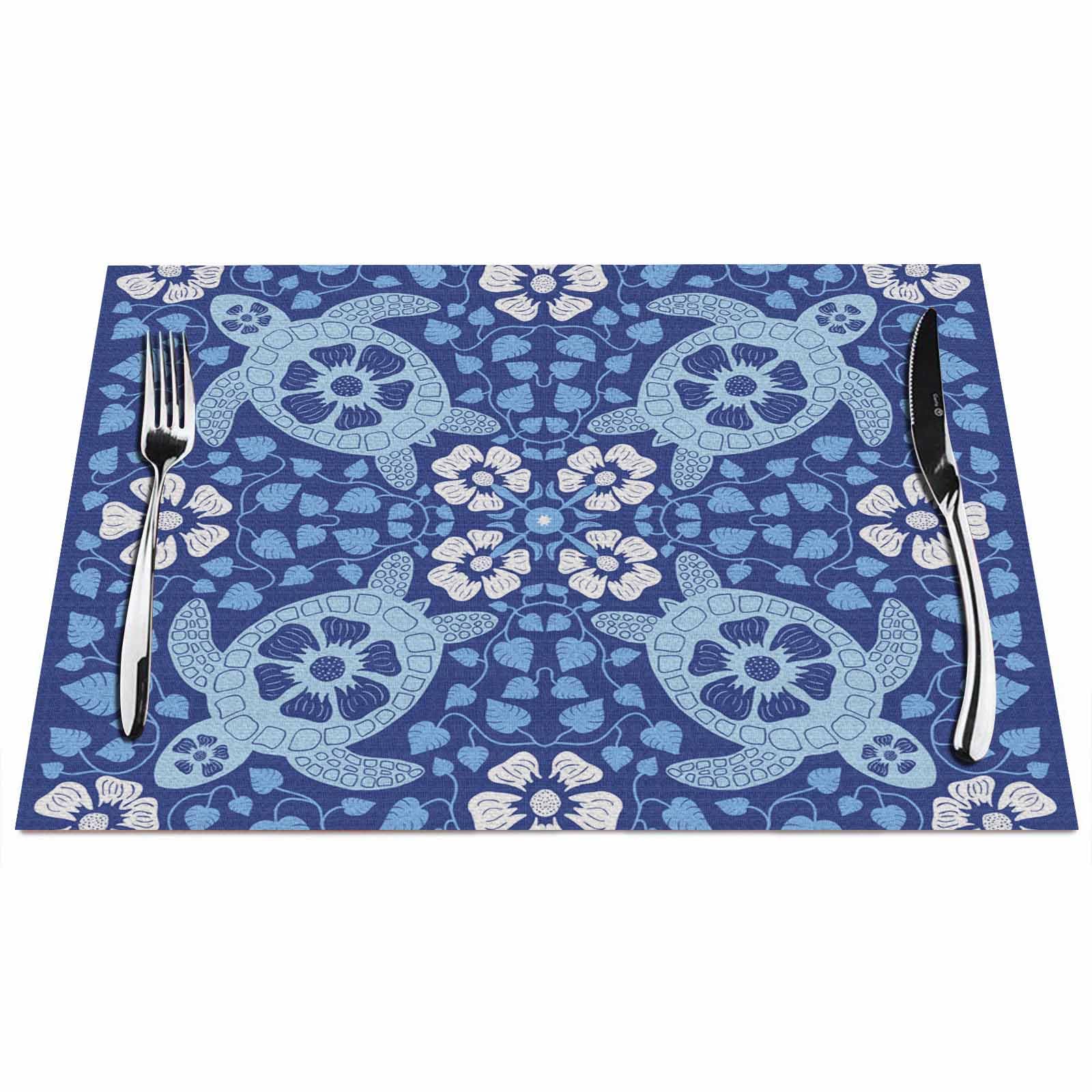 Walmsco Placemats Blue Turtle Decor For Dining Room Kitchen Table,Waterproof Non-Slip Washable Heat Resistant Placemats,Set of 4,12"x18"