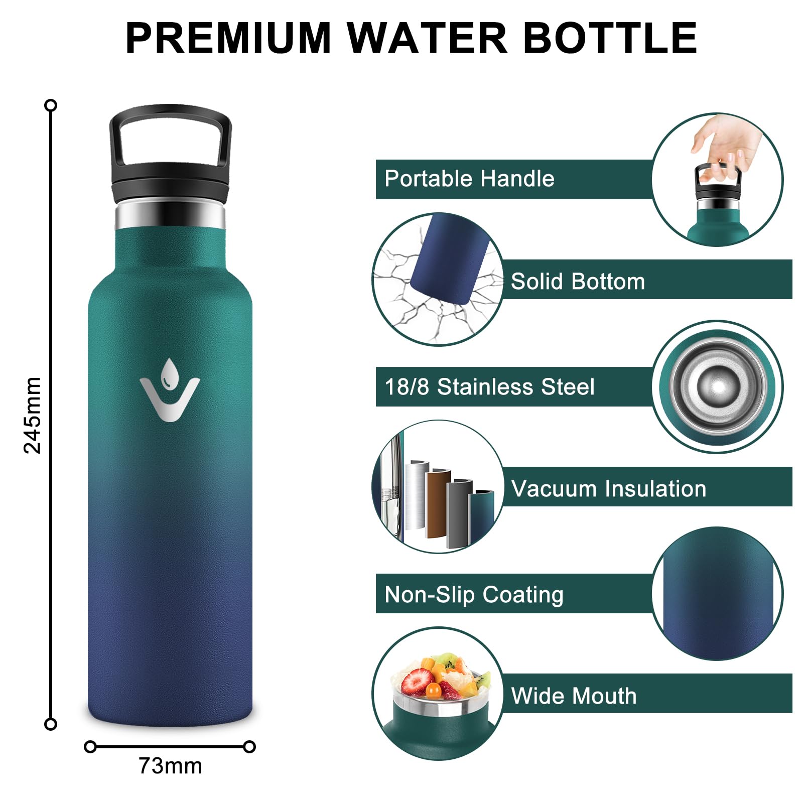Botella Agua Acero Inoxidable, 500ml Botella Termica, A Prueba de Fugas, Botellas Agua Niños, sin BPA, Cantimplora con Pajita, Mantiene 24H Frio/12H Calor, para la Escuela, Oficina, Cámping — view 2
