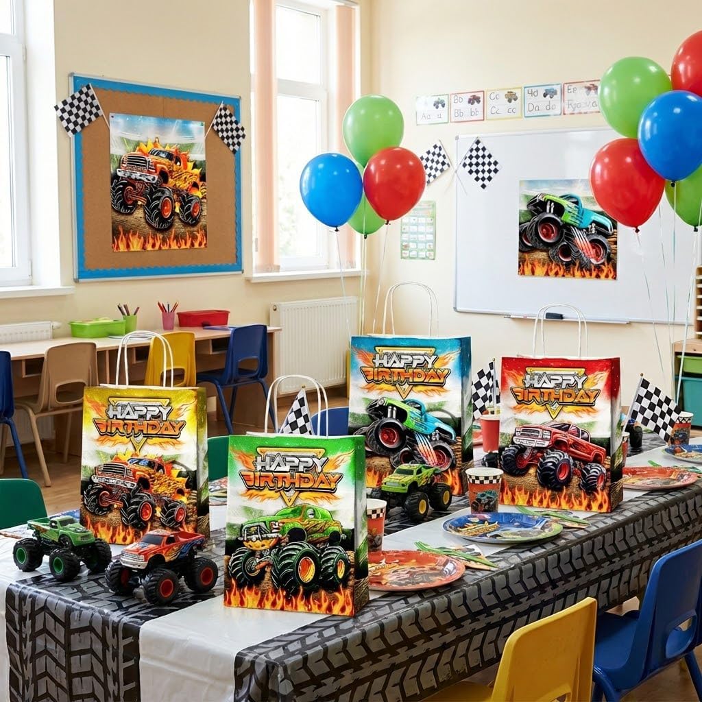 24 Pcs Monster-Truck Party Favor Bags with Handles - Racing Truck Goodie Bags Gift Bags. Checkered Theme Candy Bags for Kids, Kraft Paper Bags for Birthday Party Supplies Decorations - Image 6