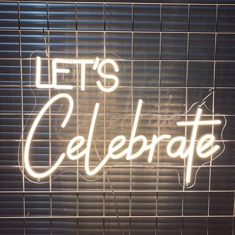 Neon Sign The Celebrate for Wall Decor Custom Light Up Sign Indoor Bedroom Home Decor LED Neon Light Sign Large Backdrop Flex Birthday Wedding Christmas Living Room Business Gift,Warm White 23.6 IN