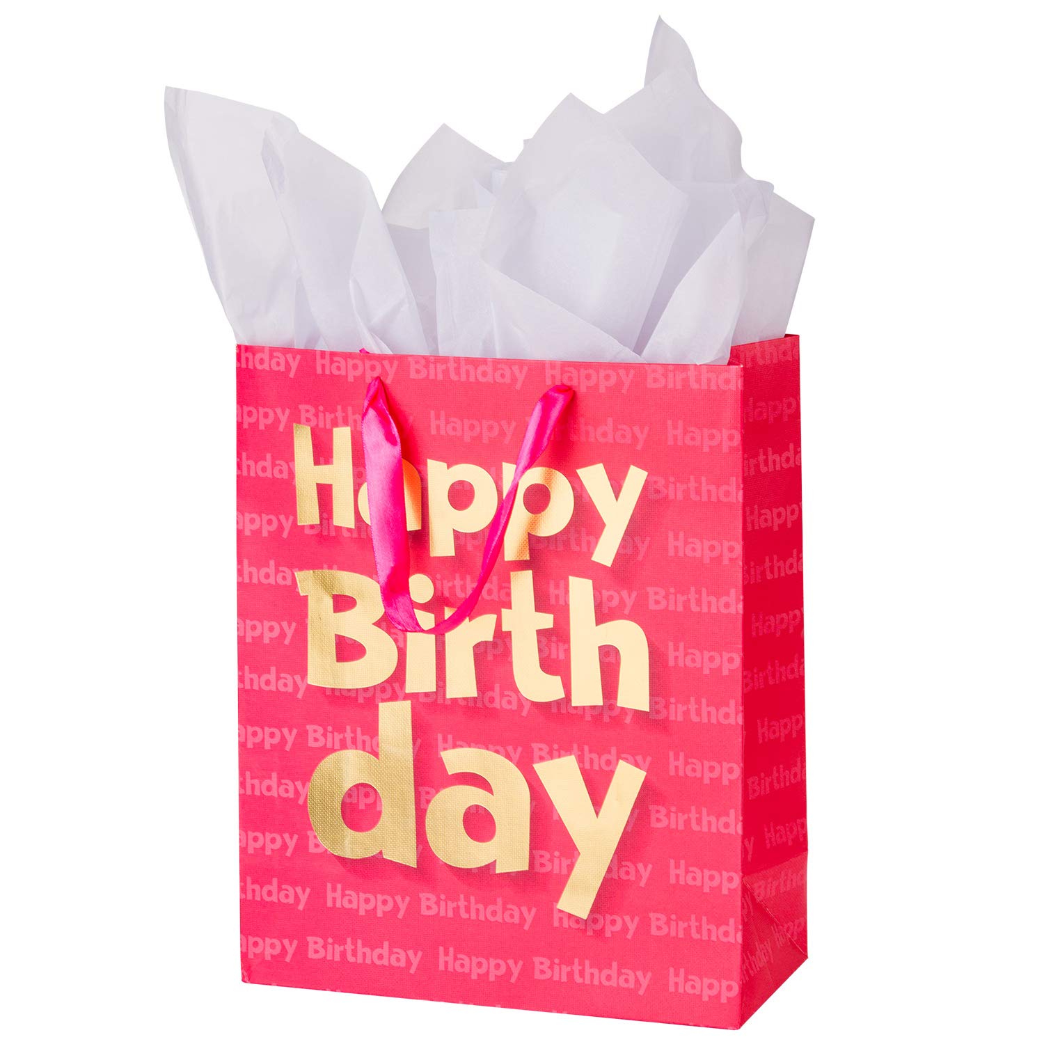 Loveinside Paper Gift Bags Gold Metallic Happy Birthday Printed Medium Gift Bags with 2 Sheet Tissue Paper for Birthday - Pink - 10.2''x12.5''x4.7''