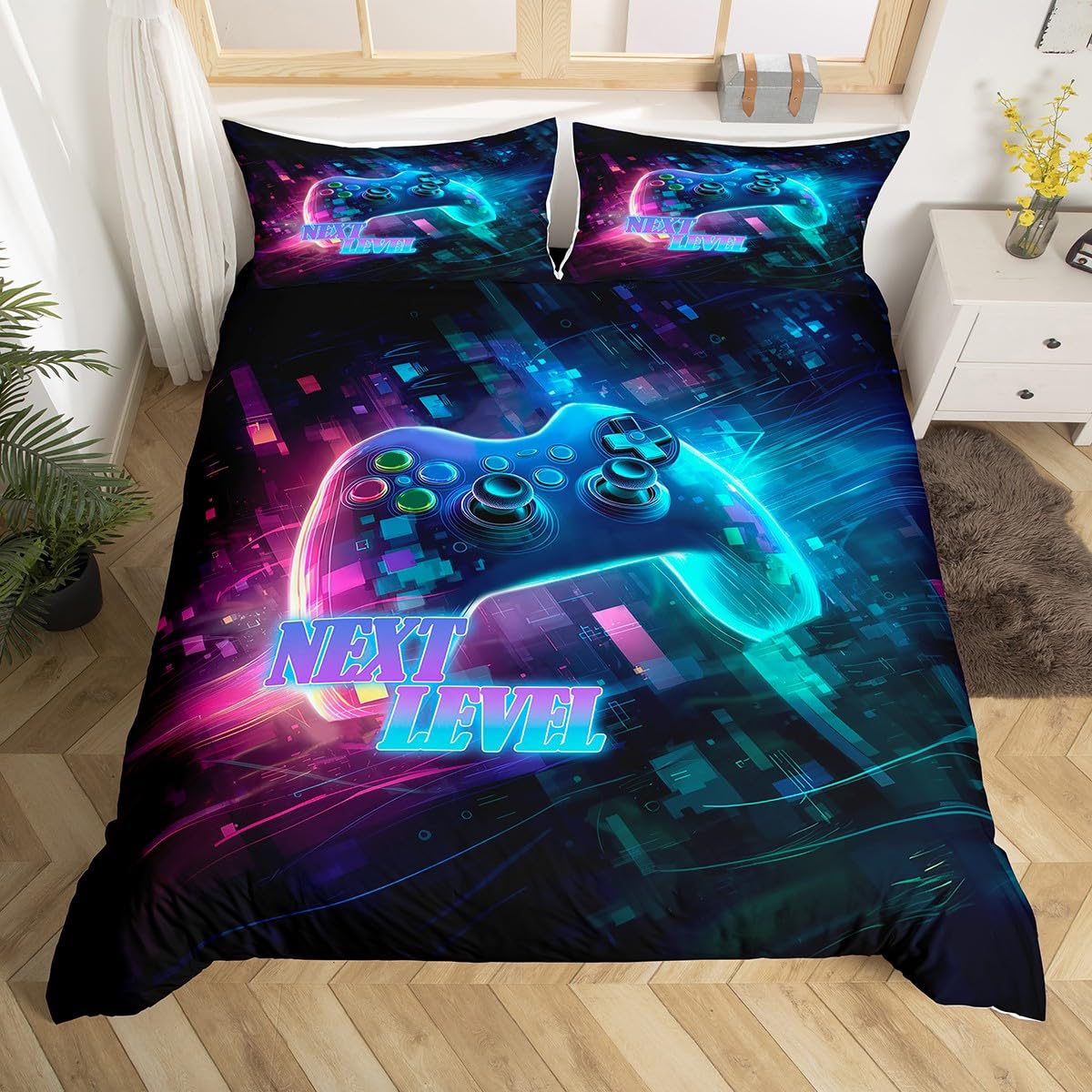 Housse de couette manette pour chambre d'enfant ado multicolore géométrique lit 1 personne