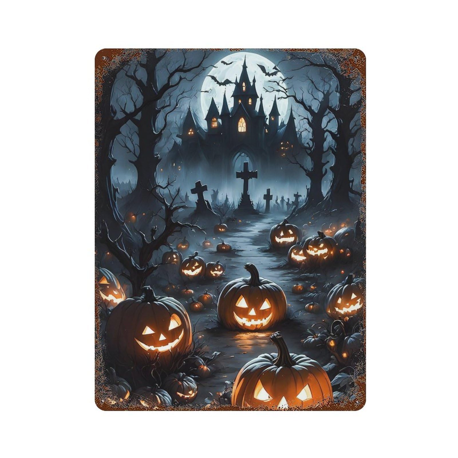 Rust Effect Halloween Spooky Night Scene Rusty Metal Tin Sign 15.7"x11.8", Old School Wall Decor for Basement, Hobby Room And Garage Decor