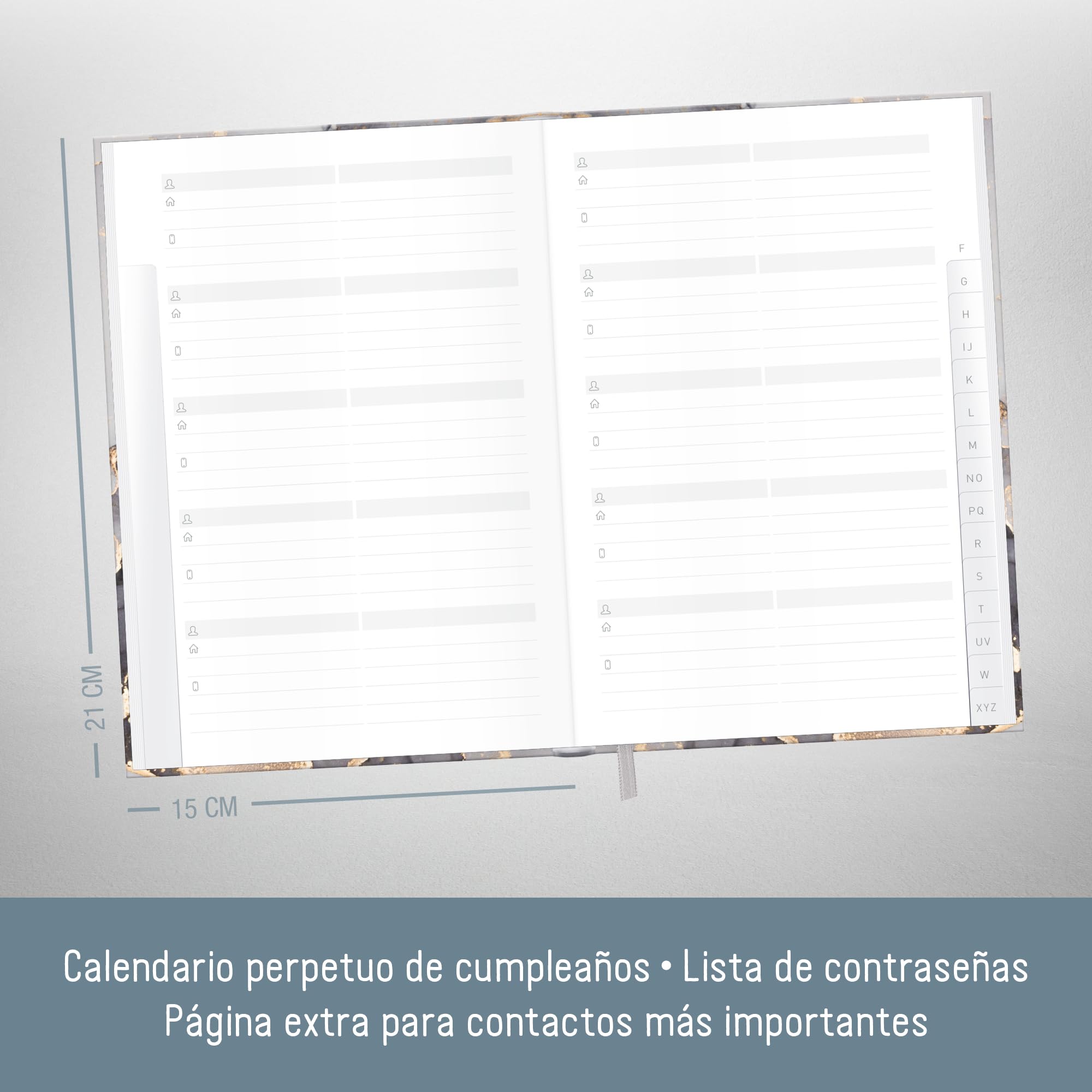 paper&you® Agenda A5 con índice A-Z [Mármol gris] para contactos, cumpleaños y contraseñas - sostenible & respetuosa con el clima