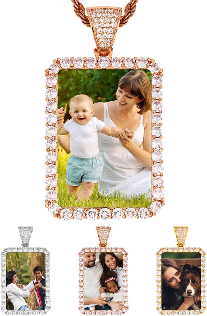 TUHE Custom Picture Necklace Personalized Hip Hop Iced out Heart Angle Wings Pendant Photo Necklace for Men Women Memory Chain Necklace Customized with Picture Rope/Tennis/Cuban Chain Necklaces