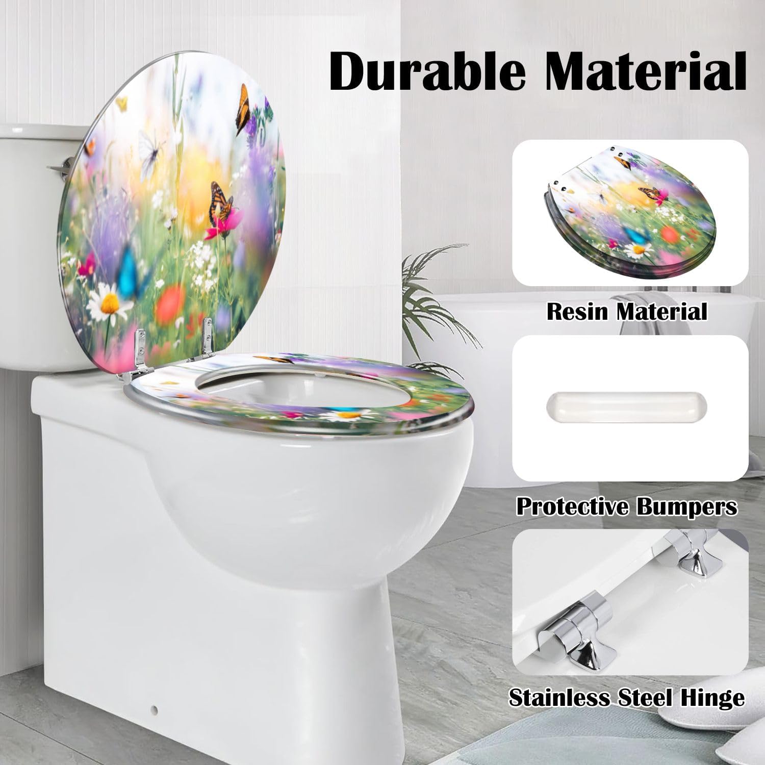Round Toilet Seat Meadow With Butterflies Resin Toilet Seat Quietly Slow Close with Quick-Release Hinges Toilet Seat with Cover Easy to Clean Install