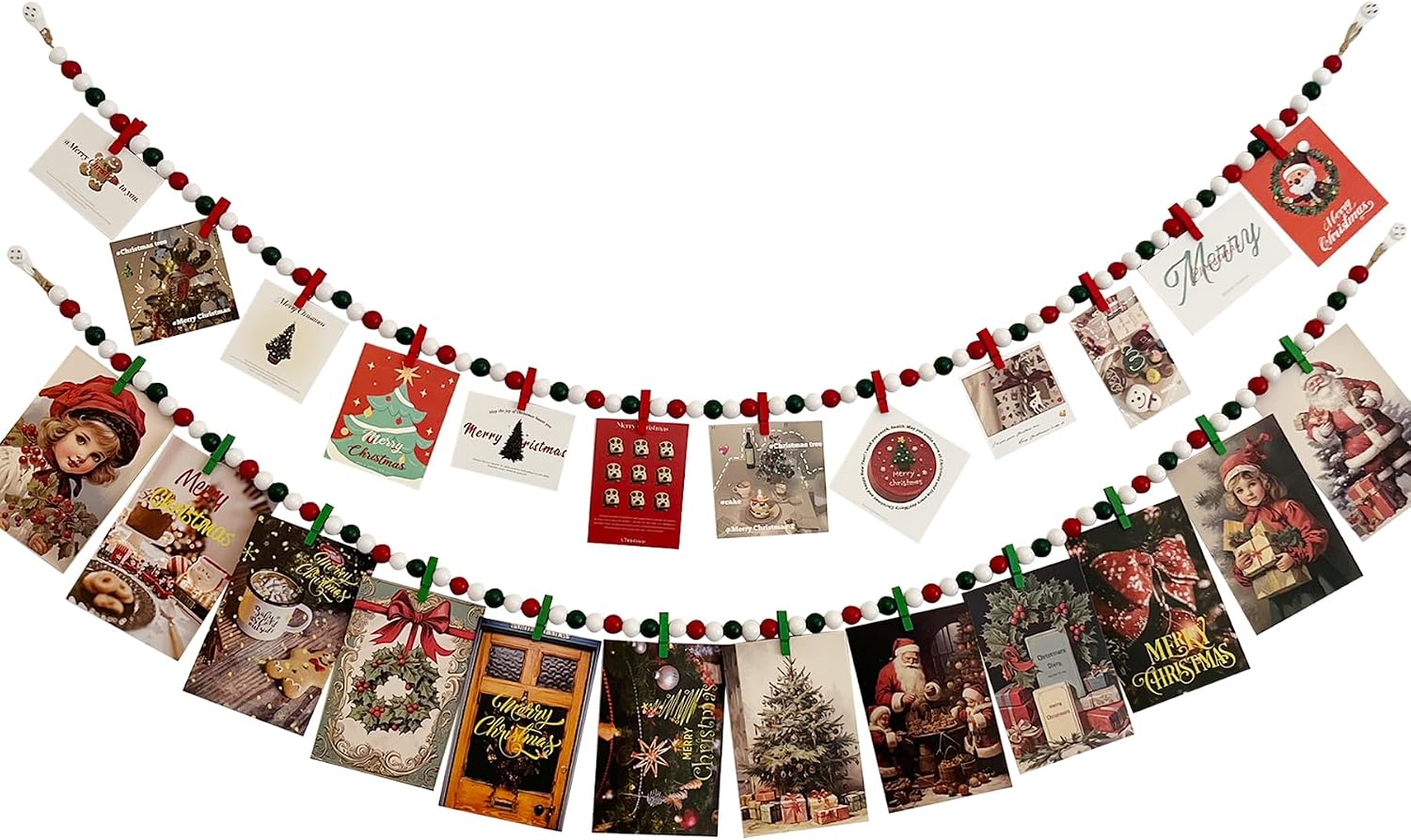 Hanging Photo Display With 12 Clips, Wooden Bead Garland 2PCS, Boho Style Collage Photo Frame Decoration for Dorms, Classrooms, Bedrooms